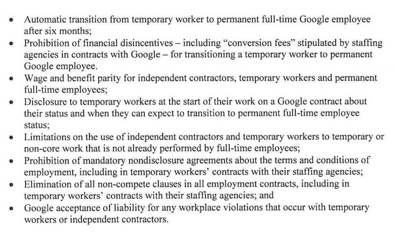 List of demands a group of U.S. senators made of Google regarding its contract and temporary workforce.